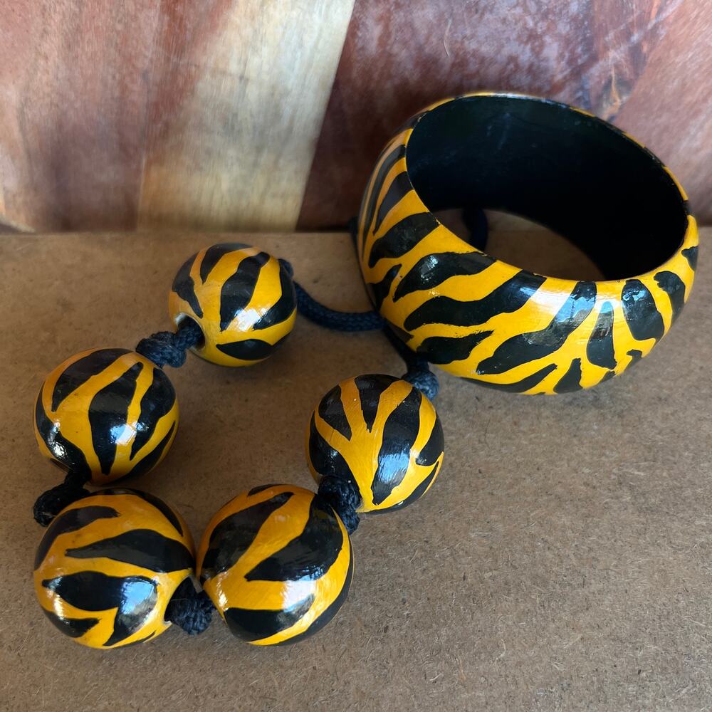 Vintage 70s Chunky Wooden Bangle Bracelet and Necklace Set Tiger Stripe Animal